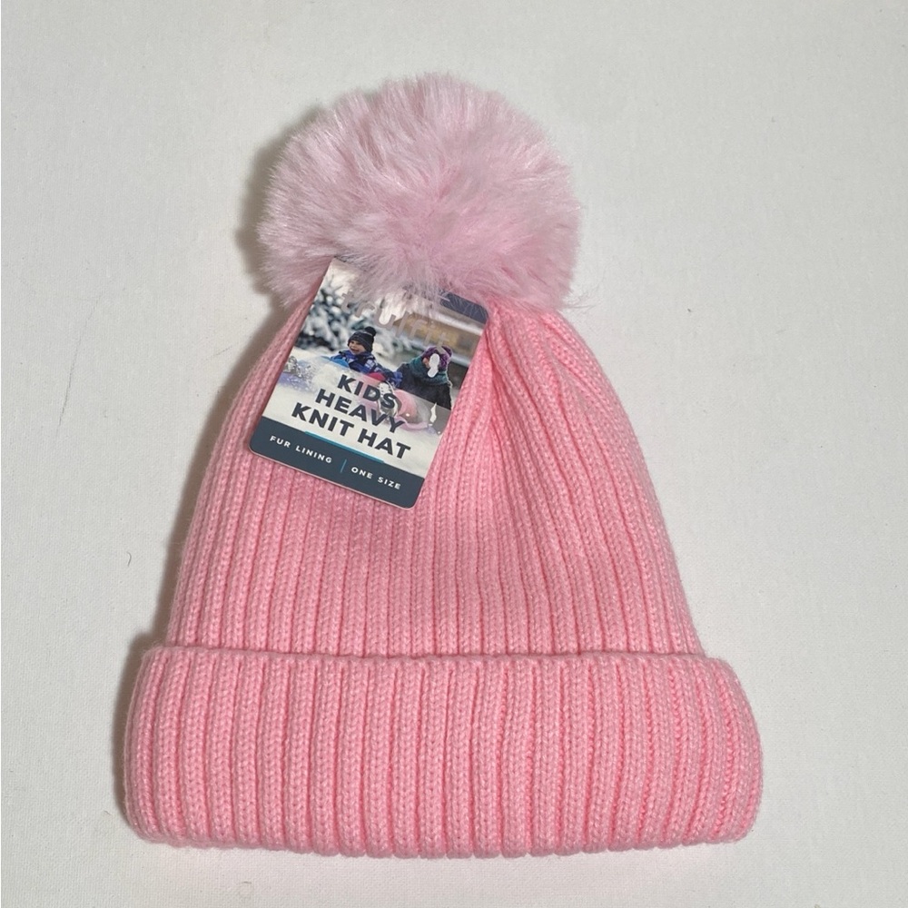 Tru Fit Kids Heavy KnitFur lining Pom Pom Hat Pink O/S NWT